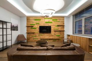 Finished basement living-space reference with sofa, shelving, and modern lighting.